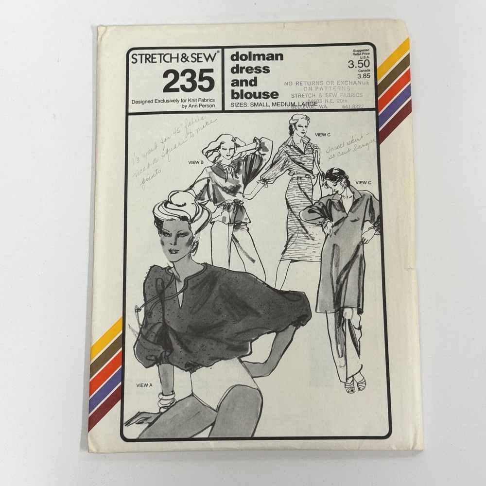 Vintage Stretch & Sew 235 Dolman Dress and Blouse Pattern 1979 Ann Person S-M-L